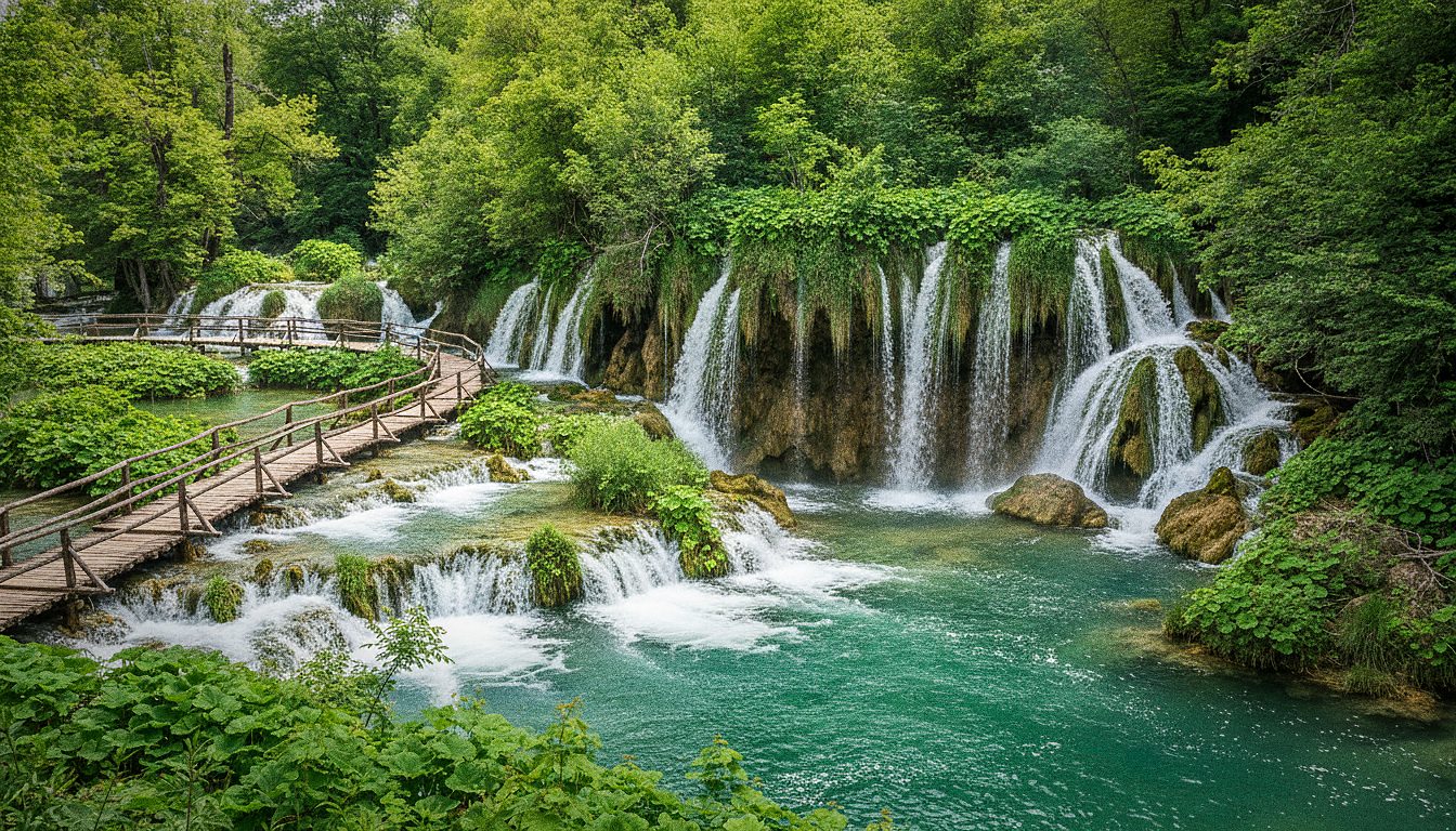 Wooden boardwalk trail winding between the travertine cascades of Skradinski buk, Krka National Park